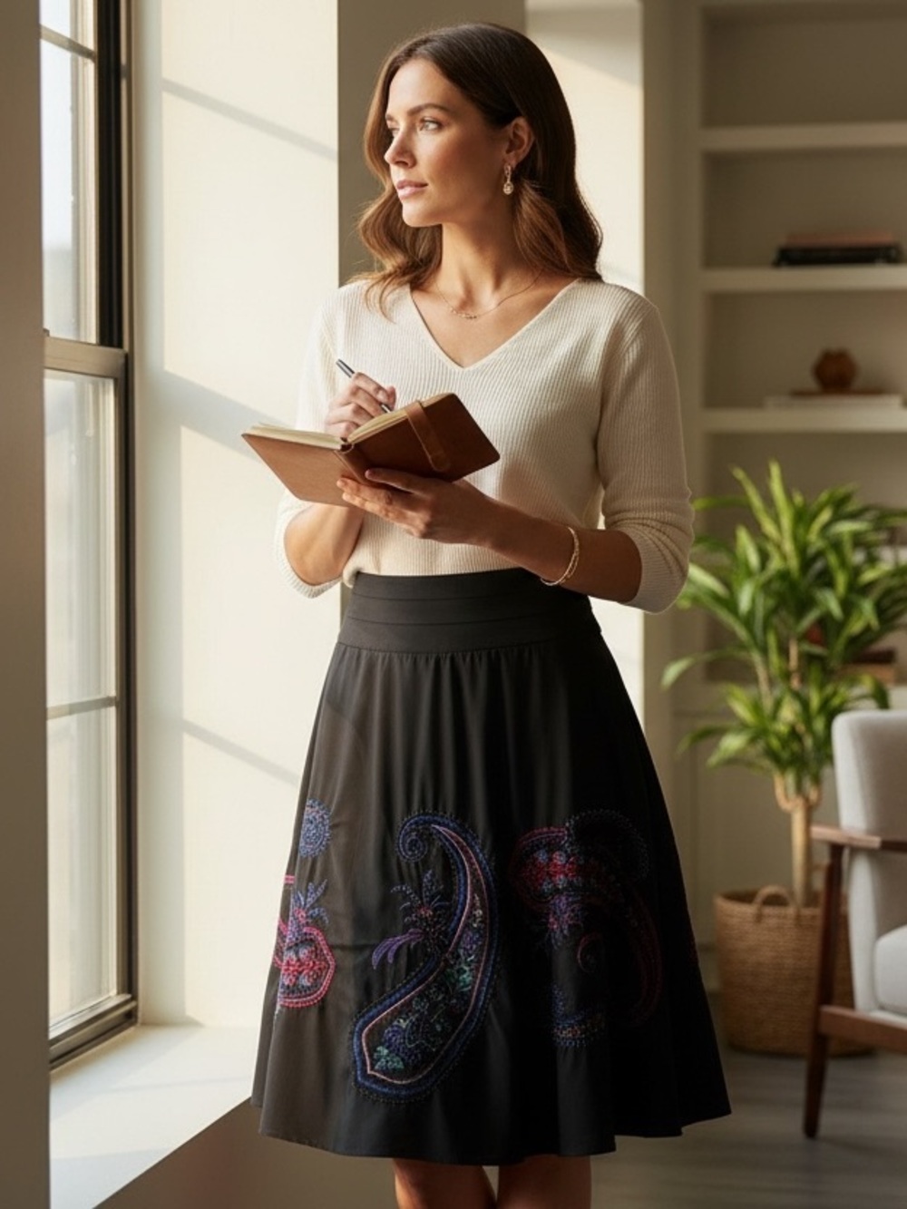 Tristan Black A-Line Skirt with Multicolor Paisley Motif